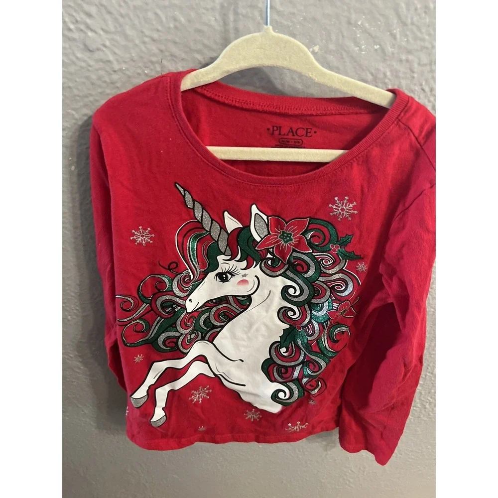 Children's Place girls pretty red unicorn‎ sparkle Christmas shirt Size M 7 /8